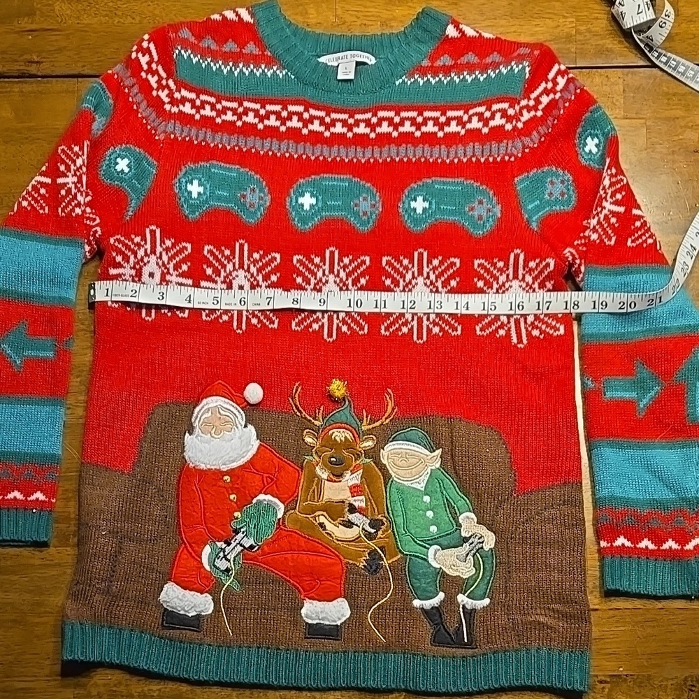 Red and Green Crewneck Christmas Sweater with Snowflakes and Winter Scene